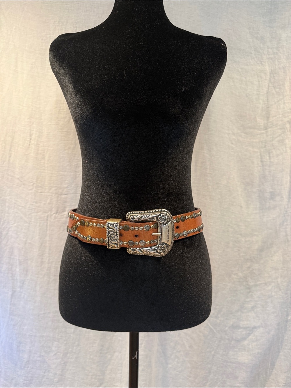 Golden Goose Tan Leather Western Studded Belt with Silver Buckle size 80